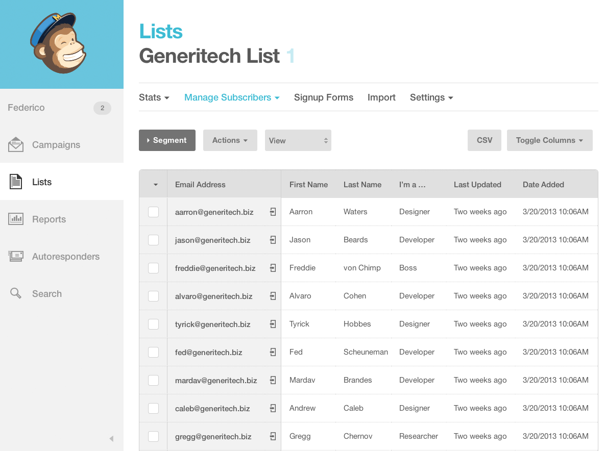 Mailchimp lists redesign